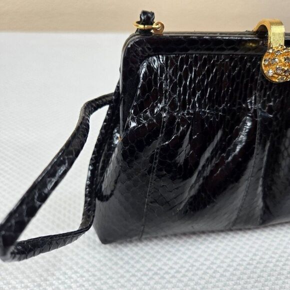 Vintage 60s Marlene Gaines Black Eel Leather Purse Gold Clasp Shoulder Strap - Picture 3 of 10